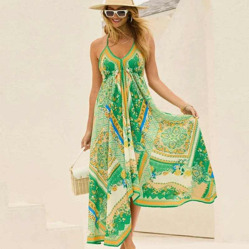 Boho Floral Print Halter V-คอชุดแม็กซี่เปลือยสําหรับผู้หญิง – เอวสูงไม่สม่ําเสมอ Hem ชุดชายหาดฤดูร้อนพร้อมสายรัดเอว