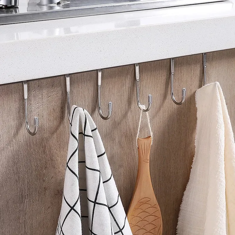 1-8PC S-type Door Hanger Hook Stainless Steel Free Punching Cabinet Door Without Trace Clothes Hook Door Back Wall Mounted Hooks view 5
