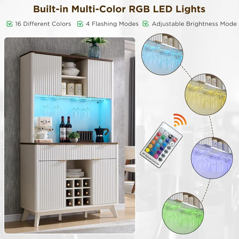 Gabinete de bar de vinos de 72" de alto con aparador de almacenamiento, gabinete de bar de café estriado de madera moderno con luces LED y estante de almacenamiento de 10 niveles y