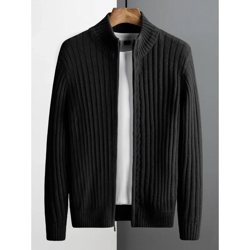 

Men's Open Cardigan Sweater f High Collar Zipper Stripe Knitted Outerwear Light Maturi Sle Autumn Winter New Arrival