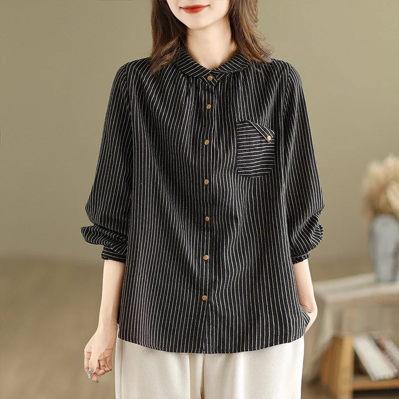 Camisa de manga larga a rayas de lino bohemio para mujer blusa ajustada holgada de talla grande