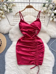 Foamlina Sexy Club Outfits 2024 Summer Fashion Women V Neck Spaghetti Strap Sleeveless Backless Slim Mini Bodycon Party Vestidos