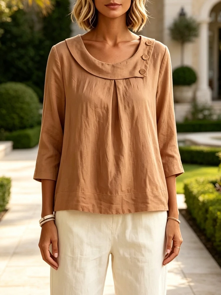 Women’s Camel 3/4 Sleeve Top Cowl Neck Button Detail Pleated Front Loose Blouse Shirts for Office Party Holiday Beach Streetwear