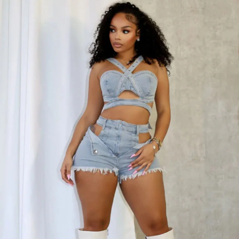 

Streetwear Denim Two Piece Set Women Festival Outfit Y2K Hollow Out Strap Strapless Crop Top and Shorts Club Party Matching Sets