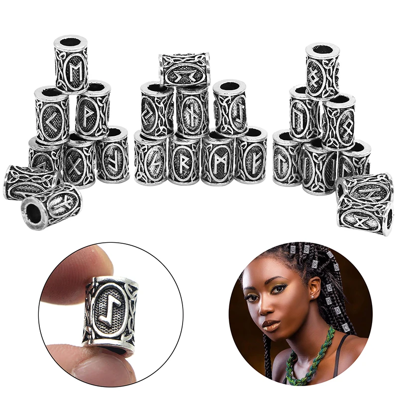 24Pcs/Set Viking Rune Beads Metal Tube Spacer Beads Hair Braid Beard Dreadlock Beads Pendant For DIY Jewelry Making