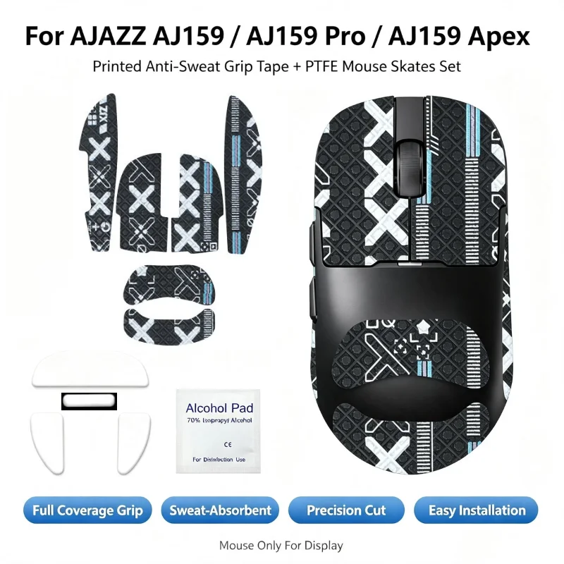 For AJAZZ AJ159/AJ159Pro/AJ159Apex Mouse,Printed Sweat‑Absorbent Anti‑Slip Grip Tape&PTFE Mouse Skates Full Gaming Accessory Set