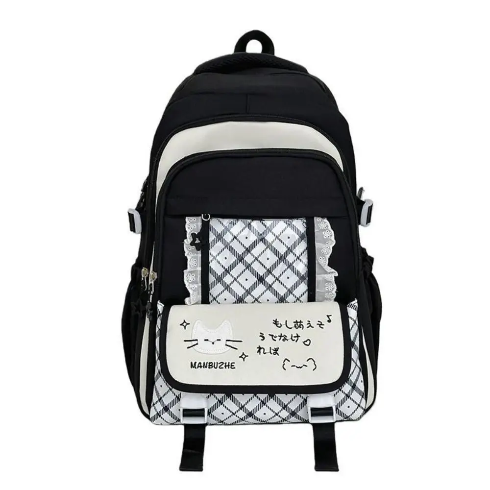 Lace Trim Girls School Backpack Cat Pattern Checkered Teen Girls Backpack Multi-Pocket Lightweight Student School Bag School Use