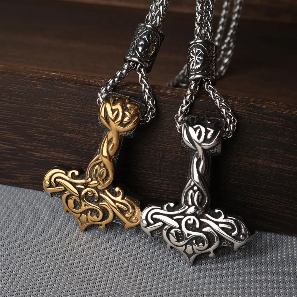 

Norse Odin Trinity Thor's Hammer Pendant Necklace Men Vintage Vikings Celtic Knot Necklace Stainless Steel Chain Amulet Jewelry