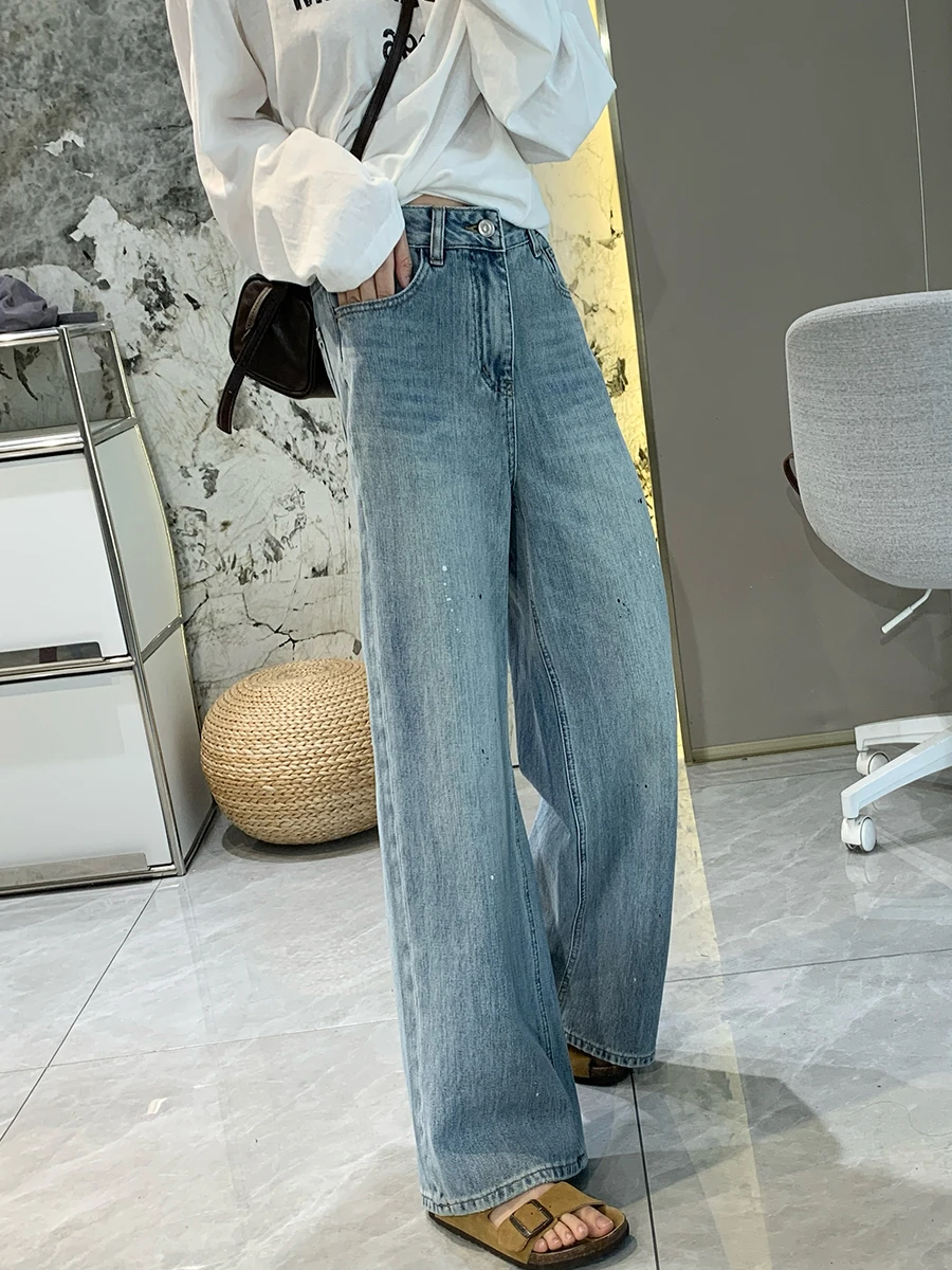 

Fashionable High Waist Slim Straight Old Painted Narrow Leg Jeans Women's Spring New Style Cotton Soft Wide Leg Anti-Bacterial
