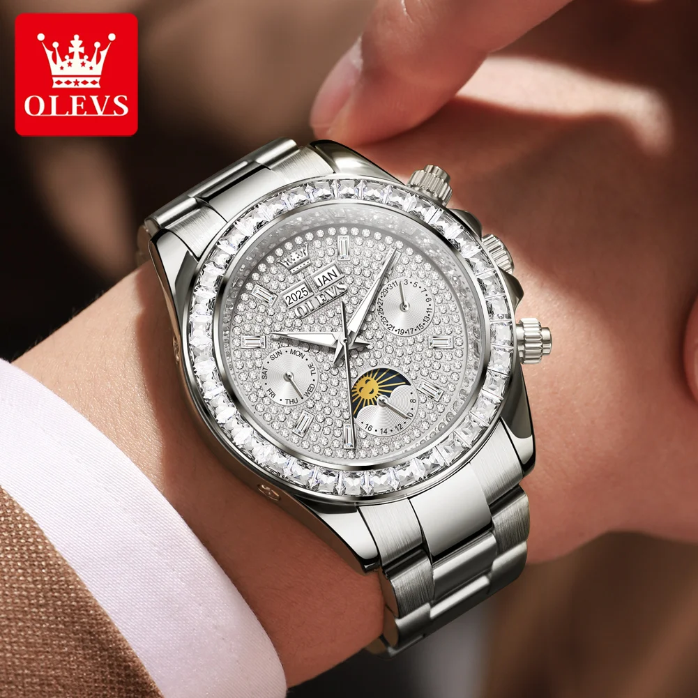 OLEVS 7038 reloj automático para hombre completamente diamante fase lunar reloj mecánico para hombre calendario Original resistente al agua relojes de pulsera para hombre