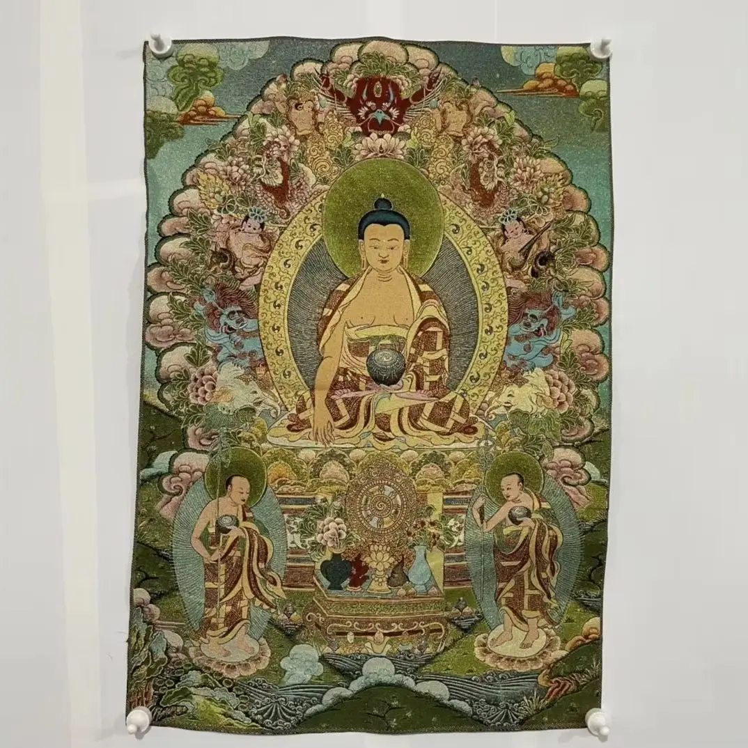 

35"Thangka Embroidery Tibetan Buddhism silk Embroidery Shakyamuni Medicine Buddha Thangka hanging screen Worship Hall Town house