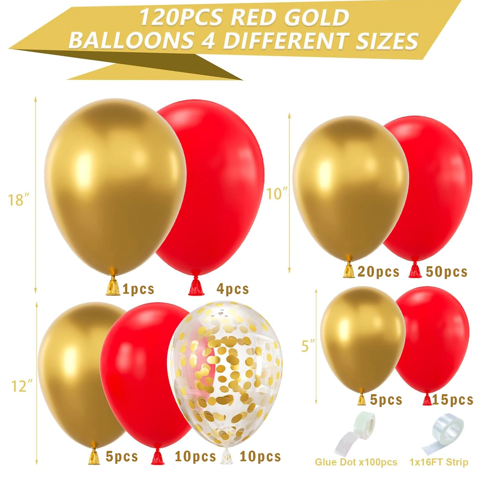 Red and gold balloon wreath set, 122 pieces 18 12 10 5 inch red and gold balloons with golden colorful confetti balloons, suitab