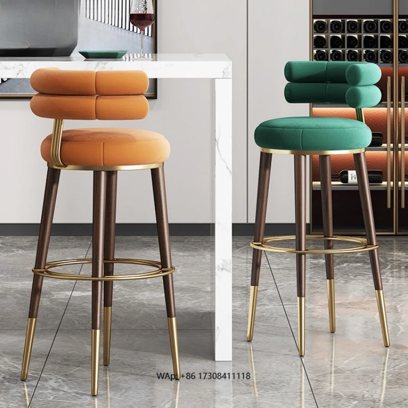 Luxury Coffee Shop Hight Chair Use Wood Leg Velvet Fabric Round Seat Bar Chairs Barstool Use for Hotel Restaurant