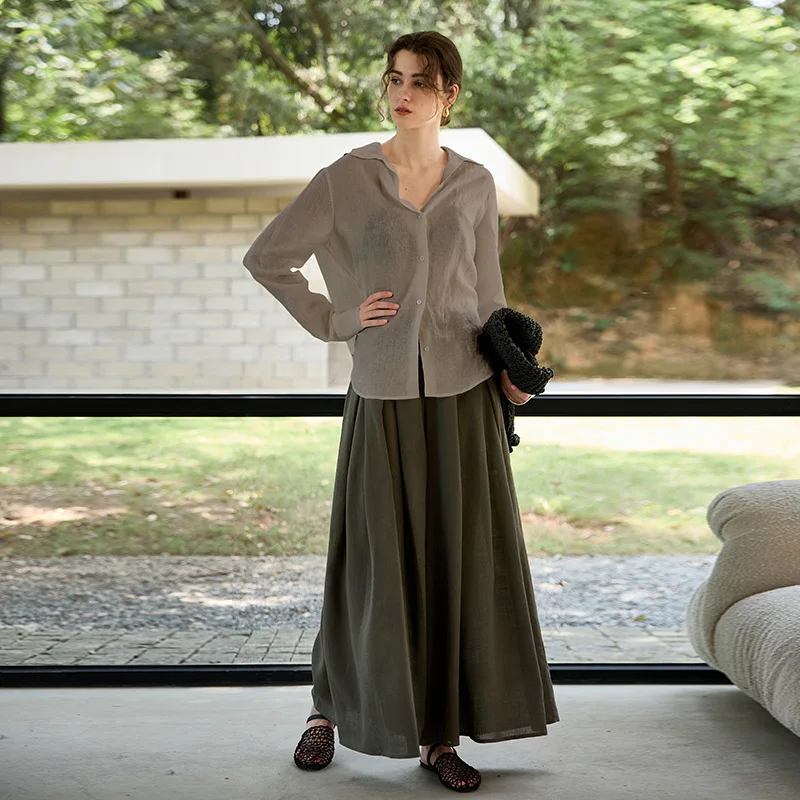 Camicie da donna vintage 100% lino manica lunga abbottonata colletto rovesciato High Street Fashion camicetta casual allentata da ufficio Lady Chic