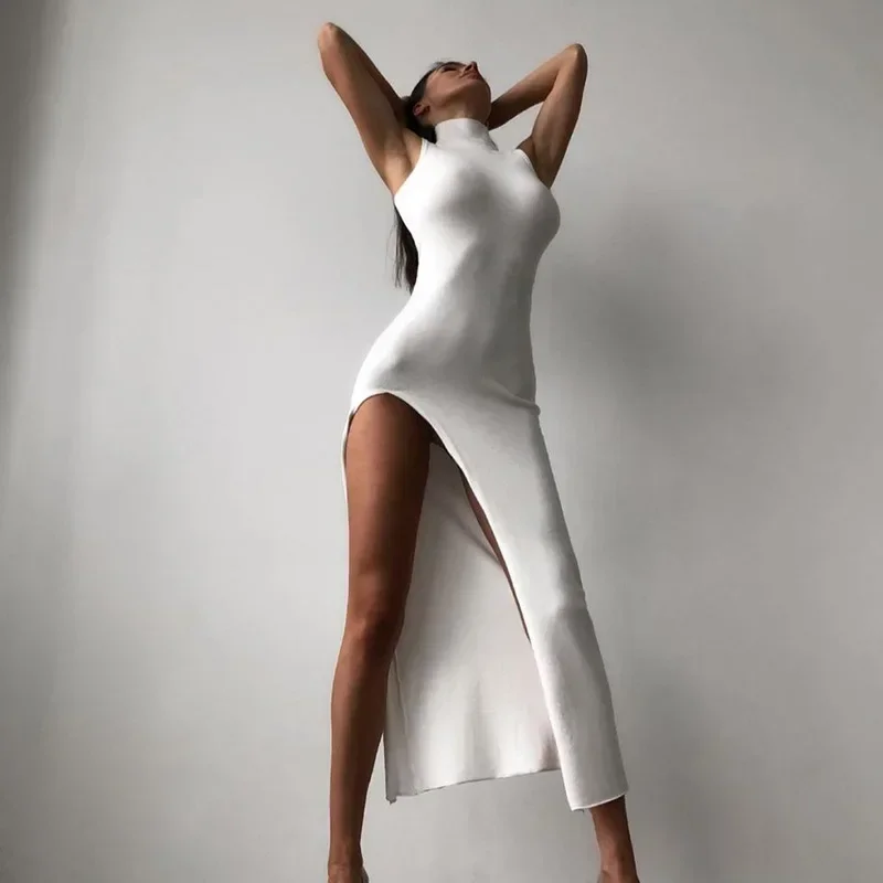 

Bodycon Dress Sexy White Dresses for Women Classy Split Turtleneck Long Luxury Evening Dresses Tight Birthday Womens Clothing