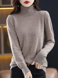 100% Merino Wool Cashmere Women Knitted Sweater Turtleneck Long Sleeve Pullover Autumn Clothing Elegant Casual Jumper Y2k Tops