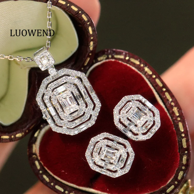 LUOWEND, pendientes de oro blanco 100% de 18 quilates, estilo elegante, pendientes y collar con diamantes naturales reales para mujer, conjunto de joyería de alta calidad para fiesta
