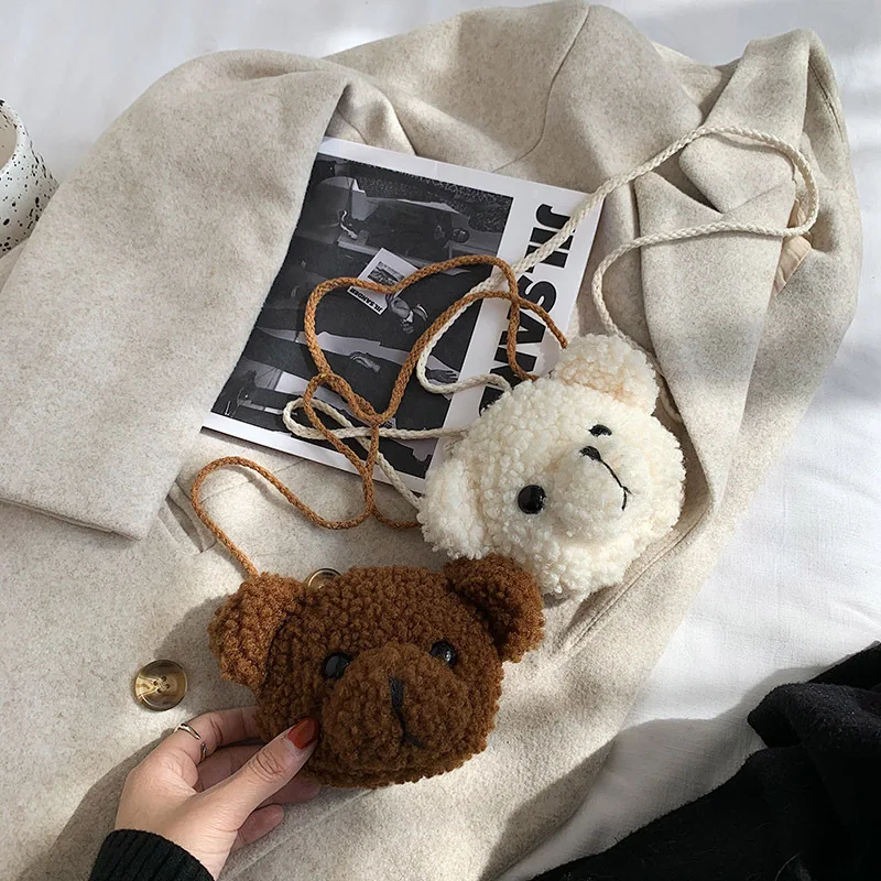 

Cartoon bear head crossbody women's plush simple ins single shoulder small student cute girl heart small shoulder bag