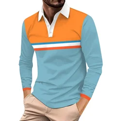 Color Blocking Print Polo Shirts Men Simple Fashion Lapel Golf Wear Men's T-Shirt Tops Street Sports Long Sleeve T-Shirt Man