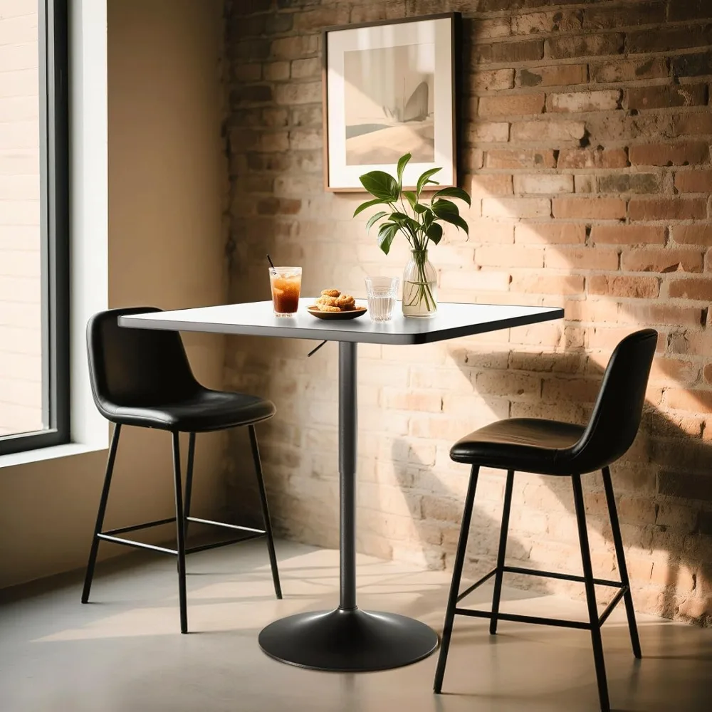 Bar Table Square Cocktail Table with Metal Base, Height Adjustable Bistro Table for Kitchen Island Bar Counter, White