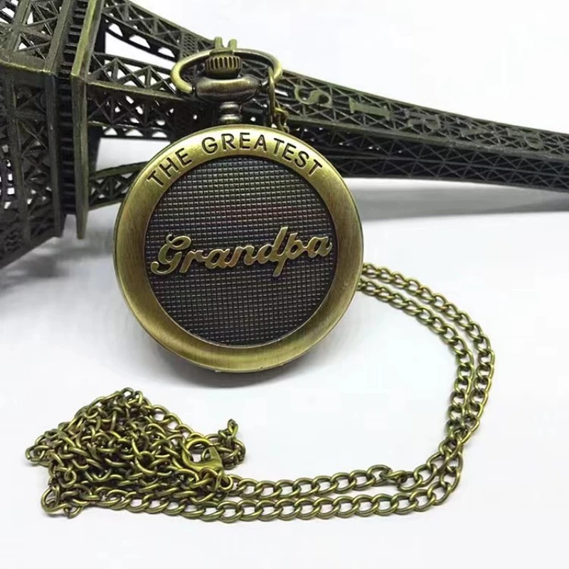 Vintage bronze Greatest Grandpa quartz pocket watch necklace Hand watch chain clock Birthday gift men's accessories