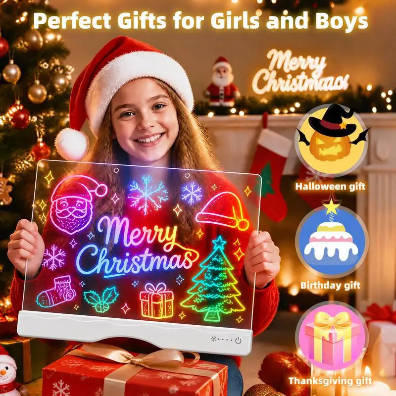 16'' LED Drawing Board for Kids, Rechargeable Led Note Board with 7 Colors, Light Up Drawing Tablet 7 Dynastic Modes Includes Adapter, Christmas Birthday Halloween Gifts for Girls & Boys Age 3,4,5,6,7,8,9,10,11,12+