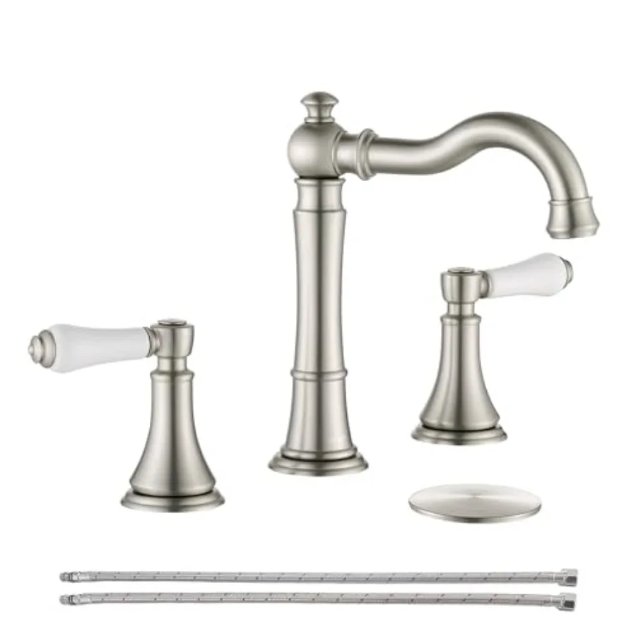 

Porcelain 2-Handle Bathroom Faucets 8 inch Widespread with Plastic Pop-Up Drain and 2Pcs Water Supply Lines, Classical Vanity S