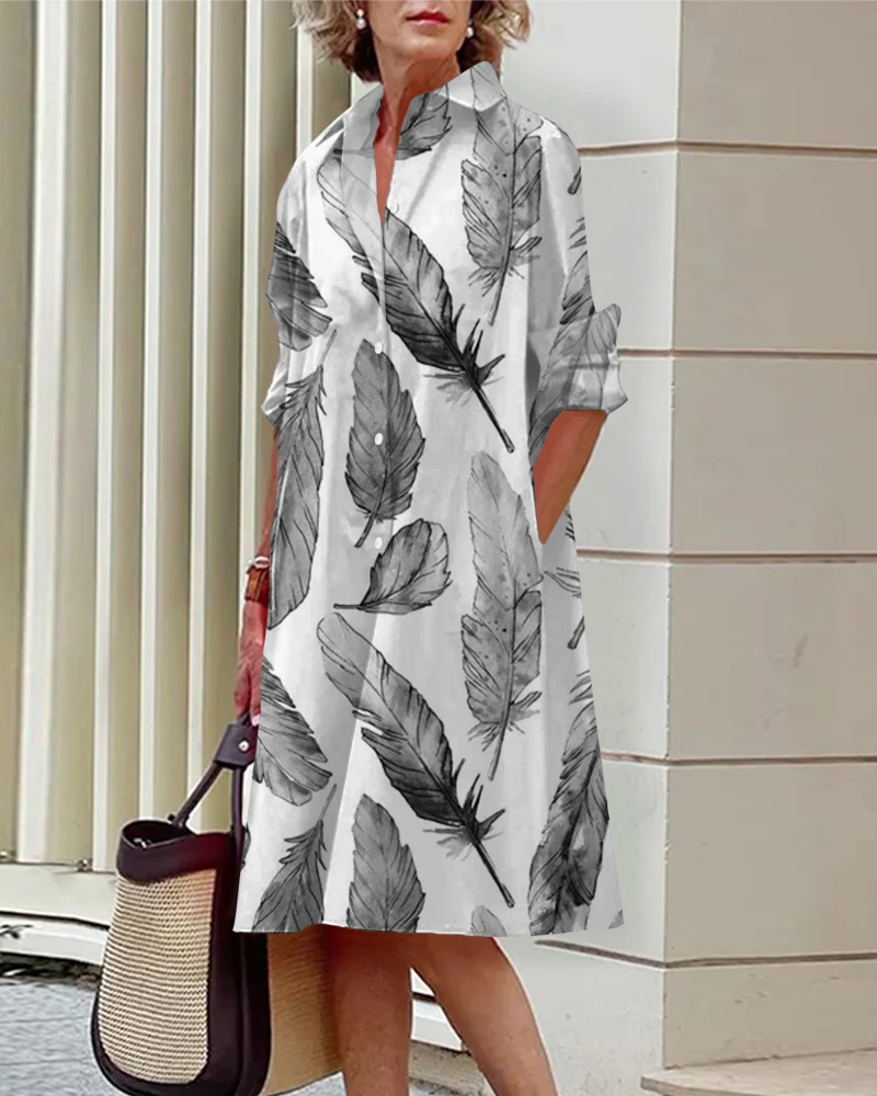 Lapel Long-Sleeved Shirt Dress For Women Feather Print Knee-Length Skirt Elegant Breathable Comfort For Spring And Summer