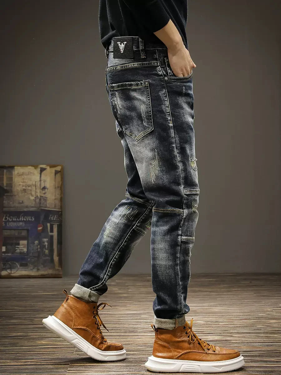 Moda uliczna męskie dżins wysokiej jakości elastyczne Slim Fit dzielone jeansy designerskie Retro niebieski i czarny spodnie dżinsowe Hombre