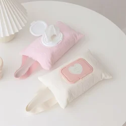 Ins Cream Pink White Heart Flip Cover Tissue Box Wet Wipes Case Car Hanging Bag Paper Holder Storage Napkin Storage Hanging Box