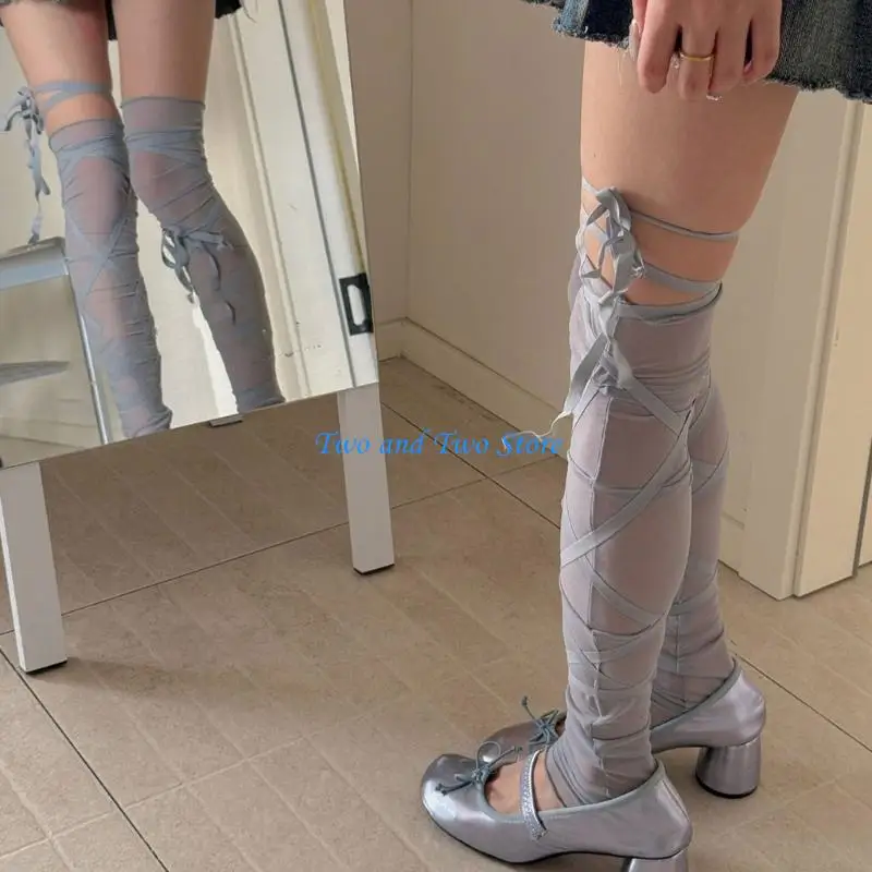 

HX6F Women Elegant Sheer Leg Warmer Sweet Ribbon Tie Footless Socks Mesh Leg Covers