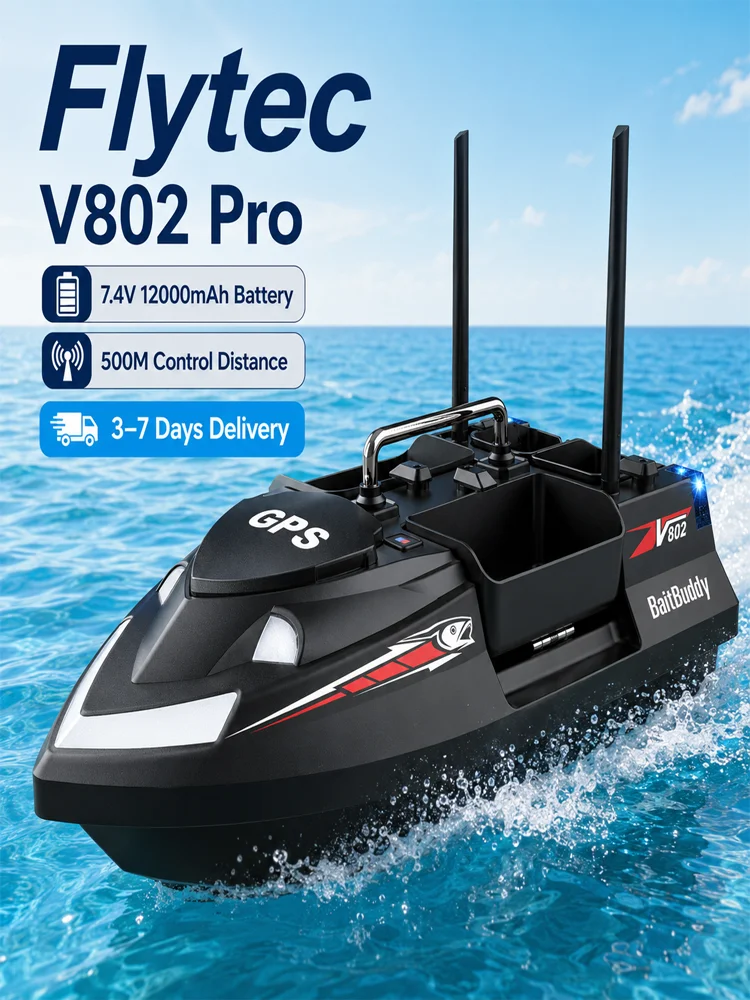 Flytec V802 Pro GPS-Köderboot mit 4 Köderbehältern, 3 kg Ladekapazität, 500 m Reichweite der Fernbedienung, 390 W starkem Motor, 7,4V 12000mAh Batterie, 4 Stunden Laufzeit, ABS RC Karpfenfischerboot