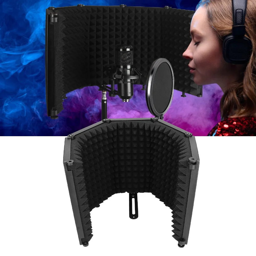 5-Panel Structure Microphone Isolation Shield Foldable Adjustable Angles Mic Sound Absorbing Foam Reflector Portable Vocal Booth view 4