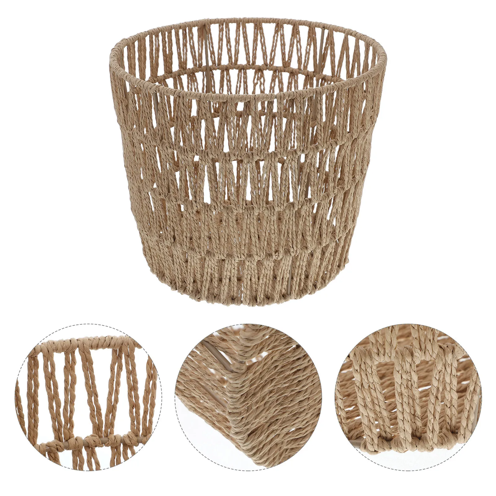 

Round Trash Bin Storage Basket Woven Paper Rope Organizer Desk Bedroom Coffee Table Sundries Holder Bins