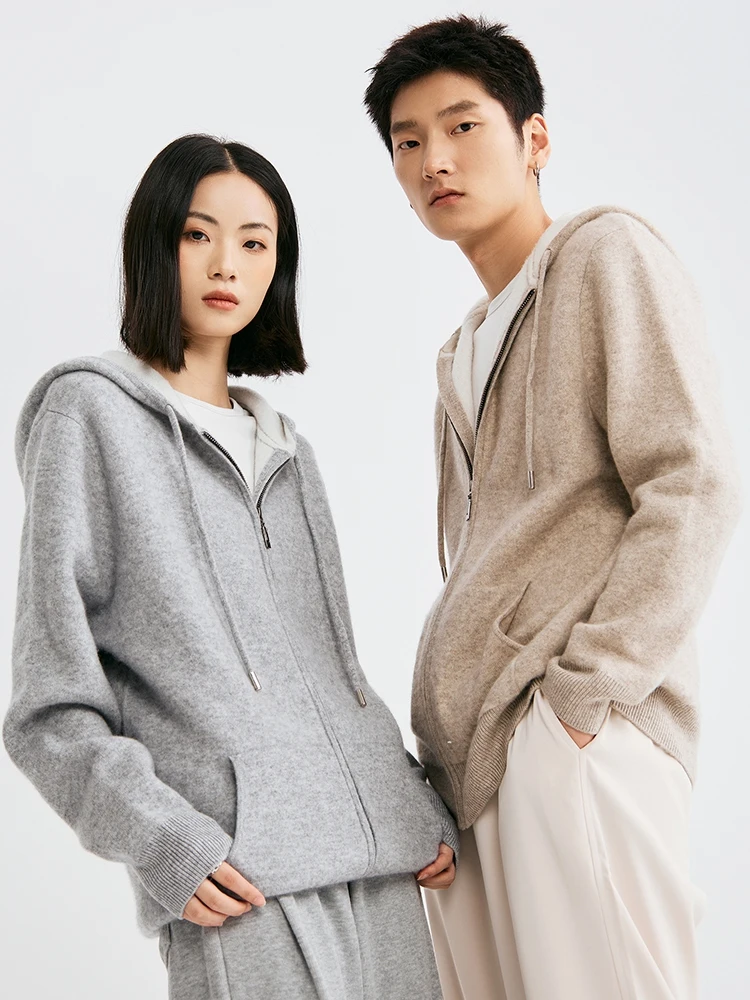 

Couple Clothing Men's Women Sweater 100% Merino Wool Cardigan Hoodie Autumn Winter Sweater Zip Pockets Casual Knitwear Warm Coat