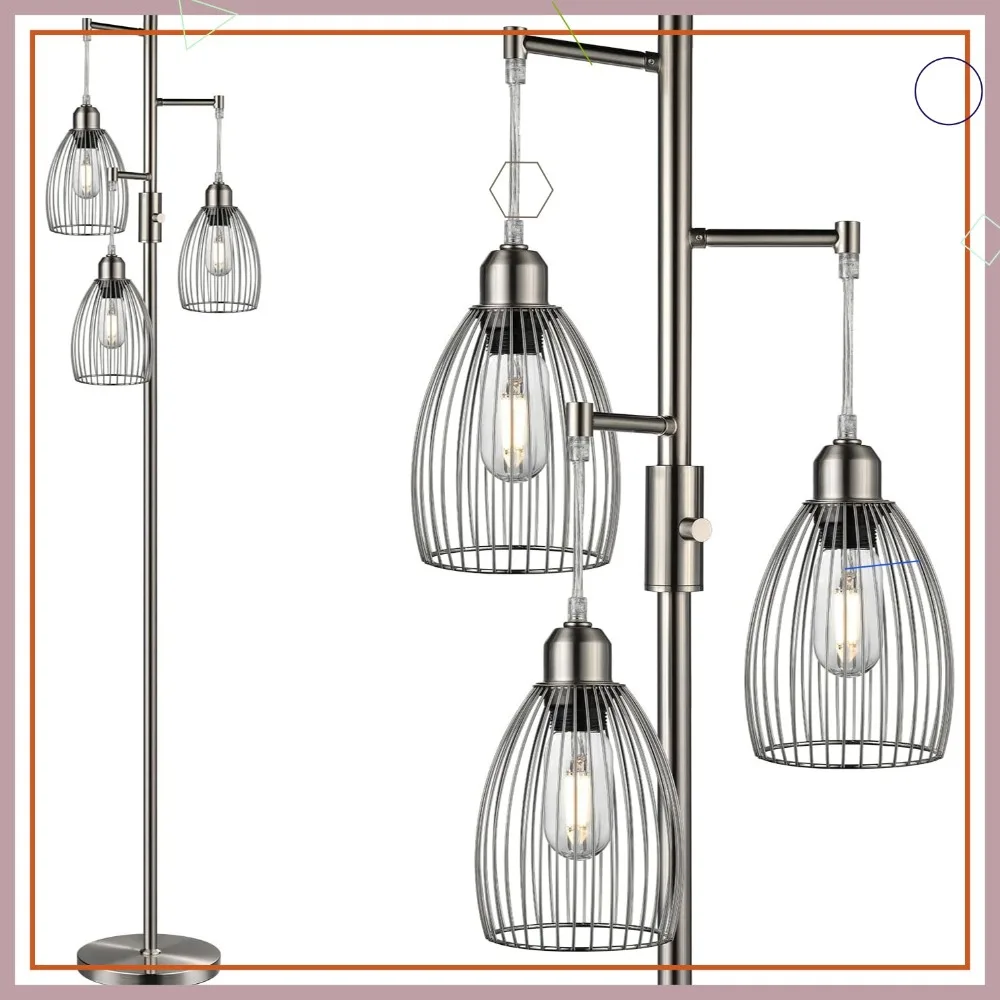 

Dimmable Floor Lamp with 3 LED Edison Bulbs, Industrial Tree Design for Living Room Bedroom in Brushed Nickel