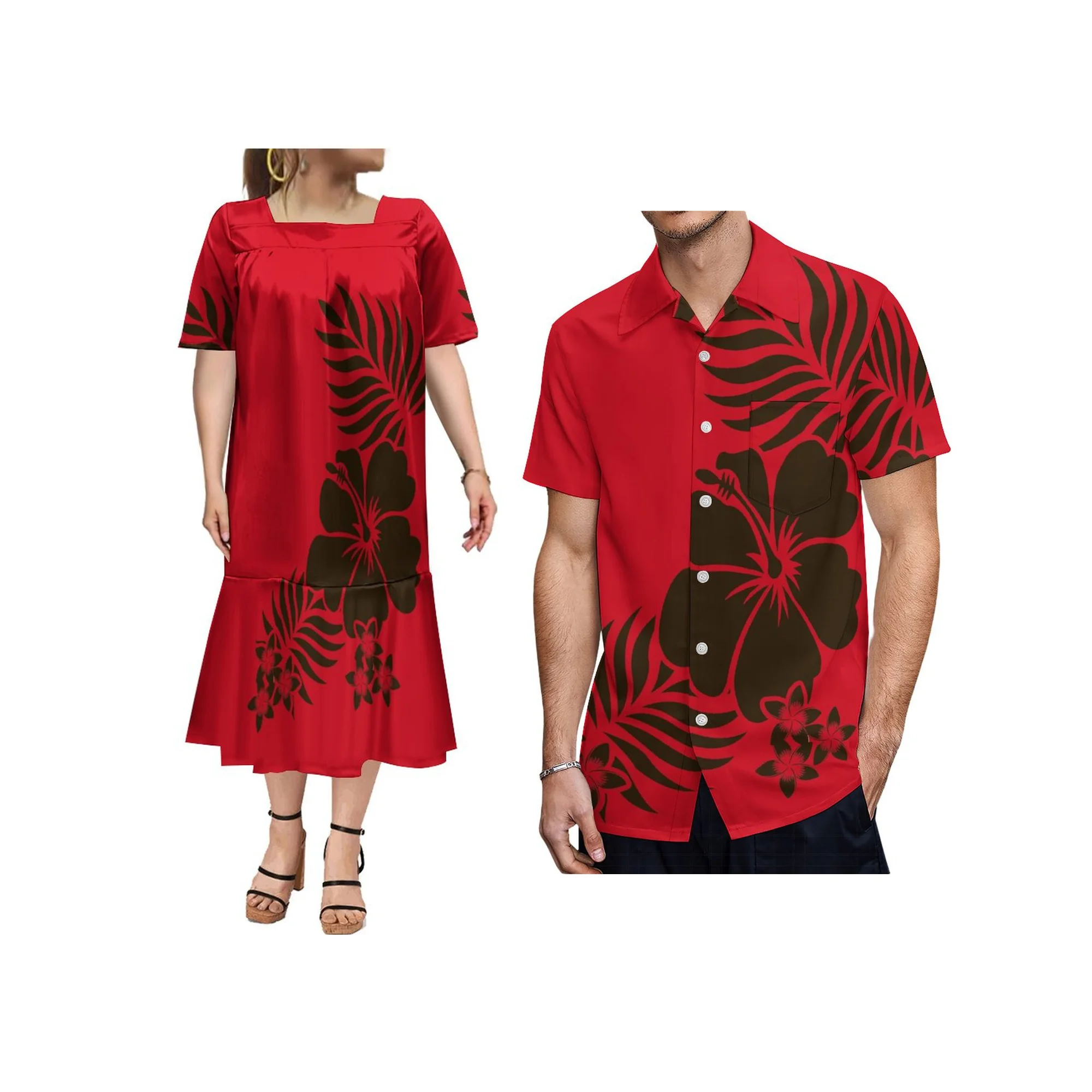 New Custom Logo Polynesian Tribal Print Micronesian Mumu  Puff Fishtail Dress Matching Men Shirts