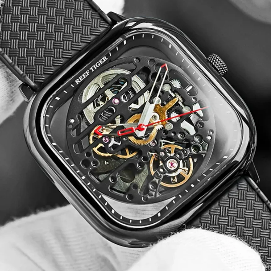 Reef Tiger Men Automatic Watch 44mm Square Mechanical Wristwatch Skeleton Dial Sapphrie Mirror Mesh Steel Strap RGA9075