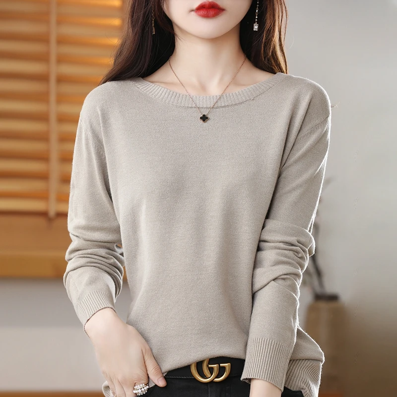 Sweter Pullover Leher Bundar Warna Solid Musim Gugur dan Musim Dingin Wanita Baru Sweter Rajut Lengan Panjang Atasan Dasar Serbaguna Kasual Sederhana