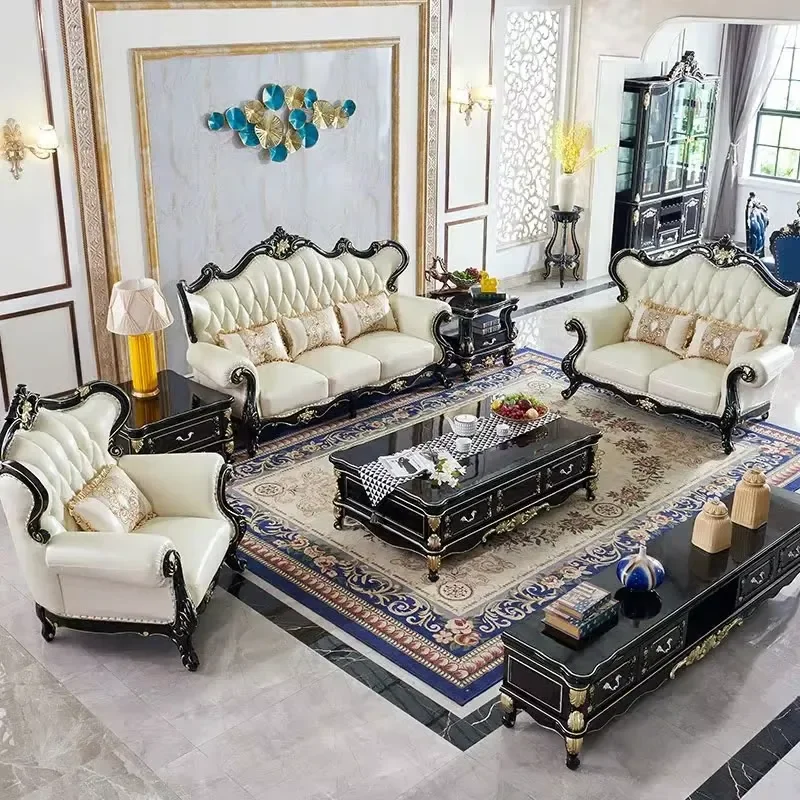 European Solid Wood Sofa Set Ebony Color Villa Living Room Use Sponge Filled Leather Cover Combination Size