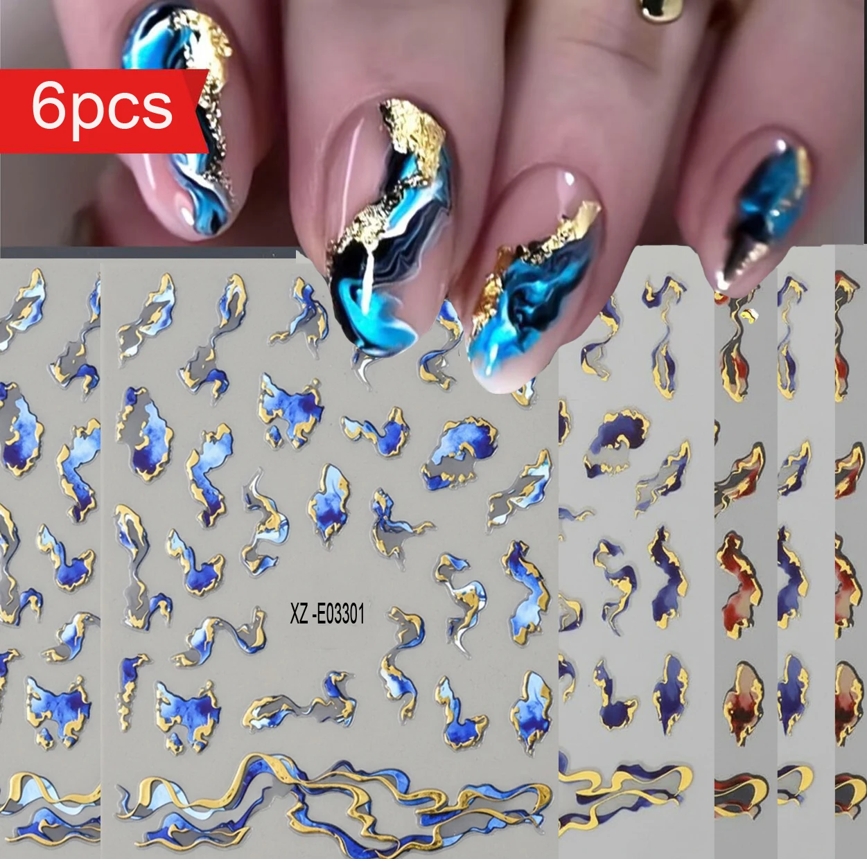 3/6pcs 3D Blue Wave Nail Art Stickers Gold Marble Smokey Design Nail Decals Abstract Geometric Metallic Stripe Manicure Decors *