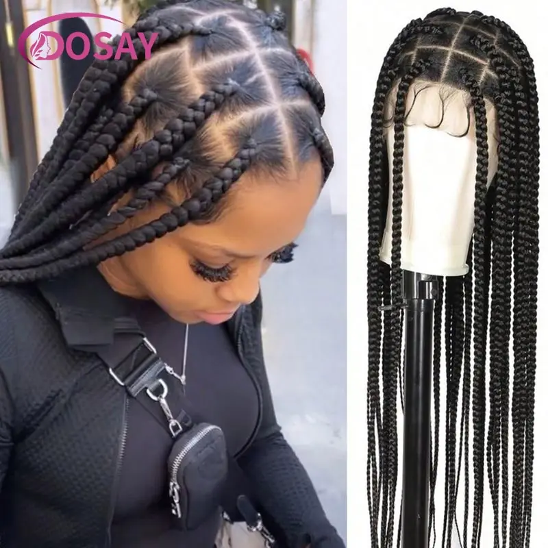 36Inches Synthetic Full Lace Braided Wigs Lace Frontal Box Cornrow Braided Wigs Transparent Lace Goddess Knotless Braids Wigs