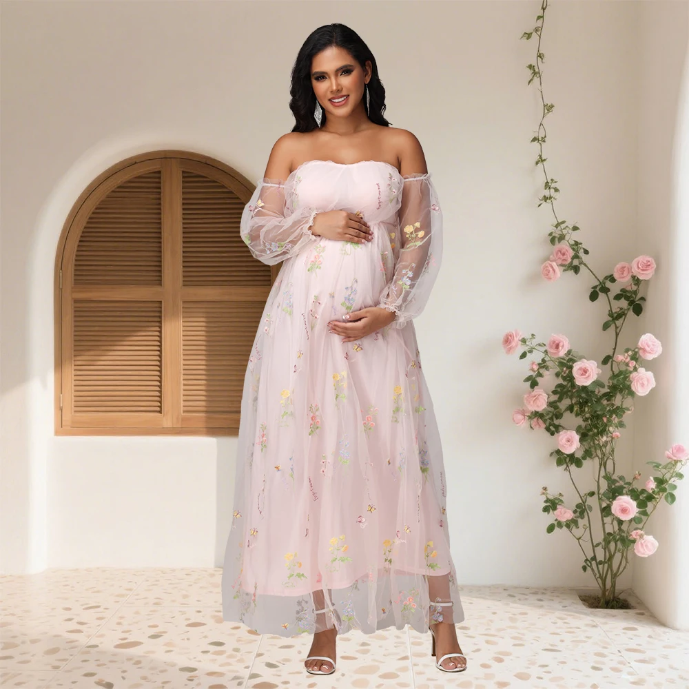 

Maternity Tube Top Lantern Sleeves Tulle Long Dress Floral Embroidery Photoshoot Outfit for Baby Shower
