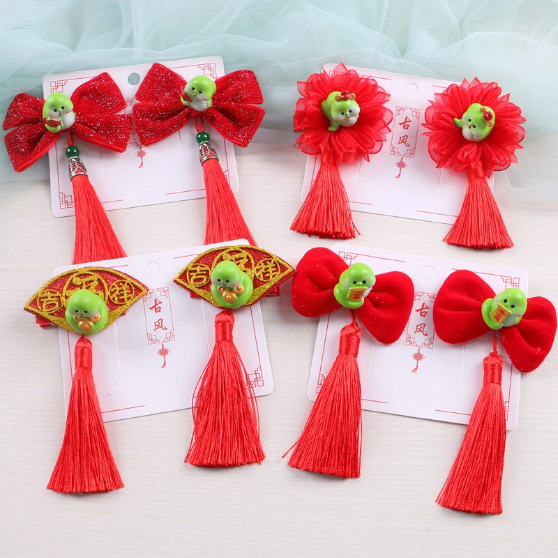 1Pair 2025 Snake Year Tassel Hair Clip New Year Bow Tassel Decor Bow Hairpin Clip Kids Hair Clips Resin Snake Hair Decorative