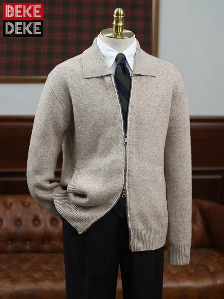 Men Italian Style Fashion Autumn Winter Knitted Turn Down Collar Zip Sweater Tops Business Casual Long Sleeve Knitwear Cardigan