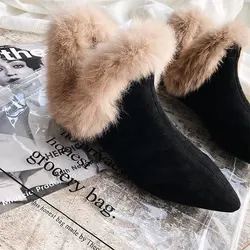 Fashion Fur Short Boots for Women Winter Pointed Toe Suede Ankle Boots Black Versatile Flat Botas Women Plush Warm Casual Shoes