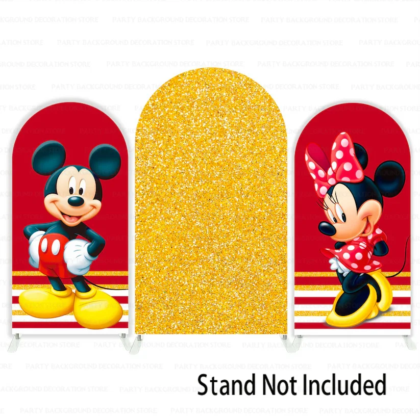 

Red Golden Glitter Cartoon Mickey Minnie Mouse Disney Head Arch Backdrop Girls Birthday Photo Photography Background Banner