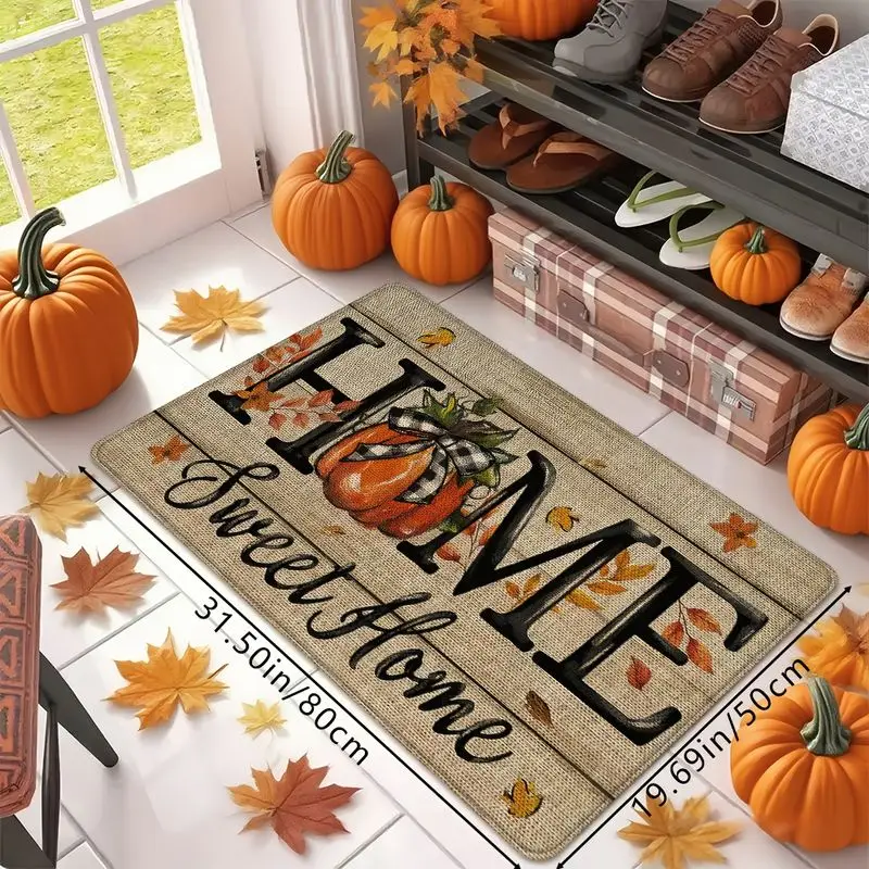 VIKAMA Home Sweet Home Pumpkin Doormat Non Slip Entrance Floor Mat Fall Maple Leaf Front Door Home Decor Rug