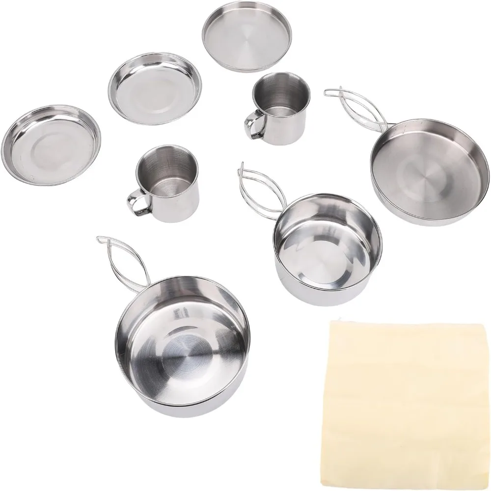 8 Pcs Durable Stainless Steel Cookware Set Stackable 3-4 Person Camping Mess Kit Backpacking Cooking Pot Fishing