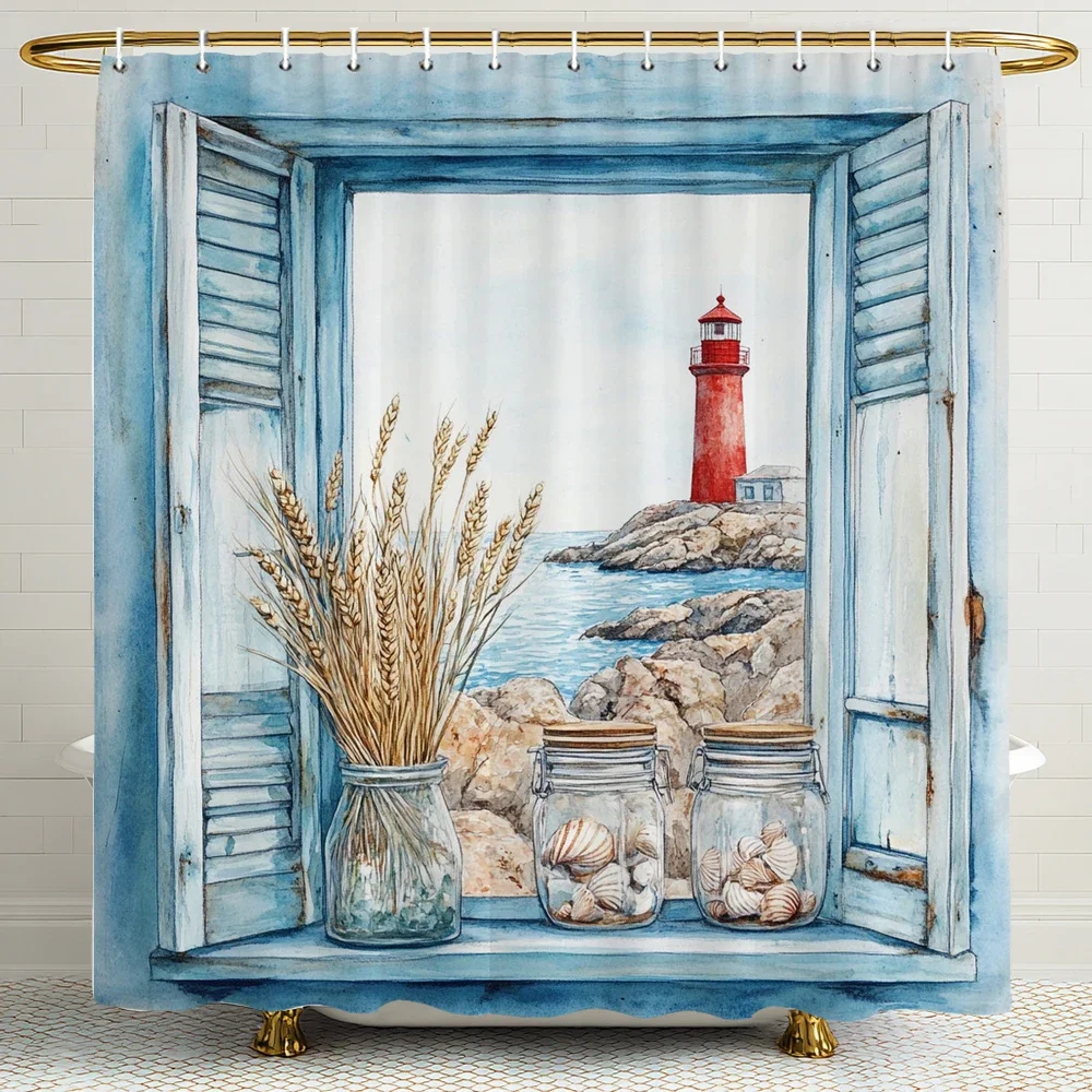 Watercolor Blue Window Ocean Lighthouse Shell Shower Curtain Shower Curtain, Bathroom Decorative Shower Curtain with Hooks